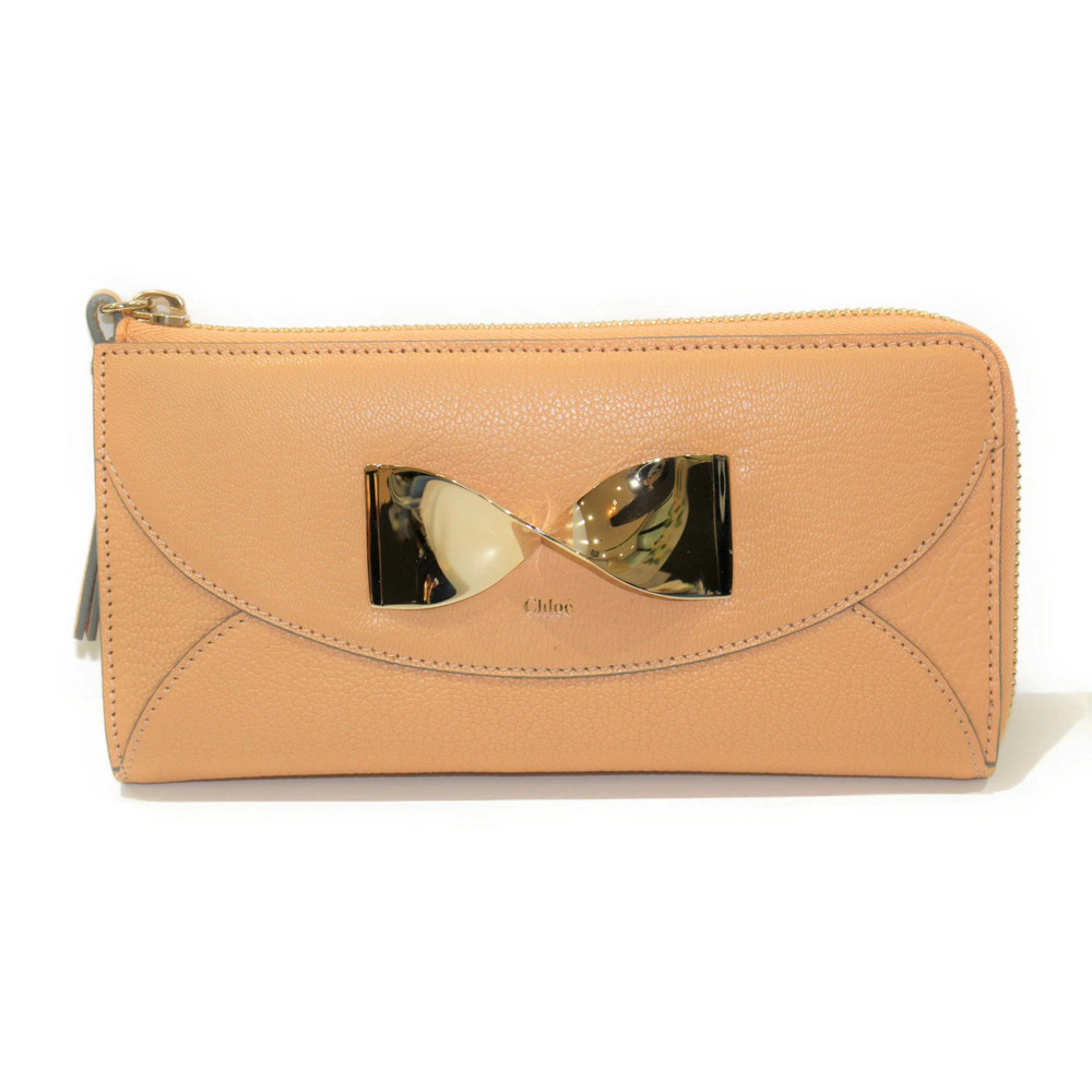 CHLOE Twisted Bow Beige Gold Leather Round Zipper Long Wallet Zippy Rion